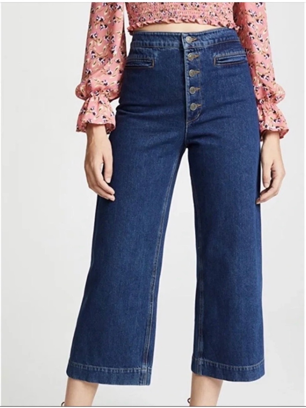A.L.C. Jonah Denim Jeans Cropped Wide Leg Exposed Button Fly Medium Blue 6